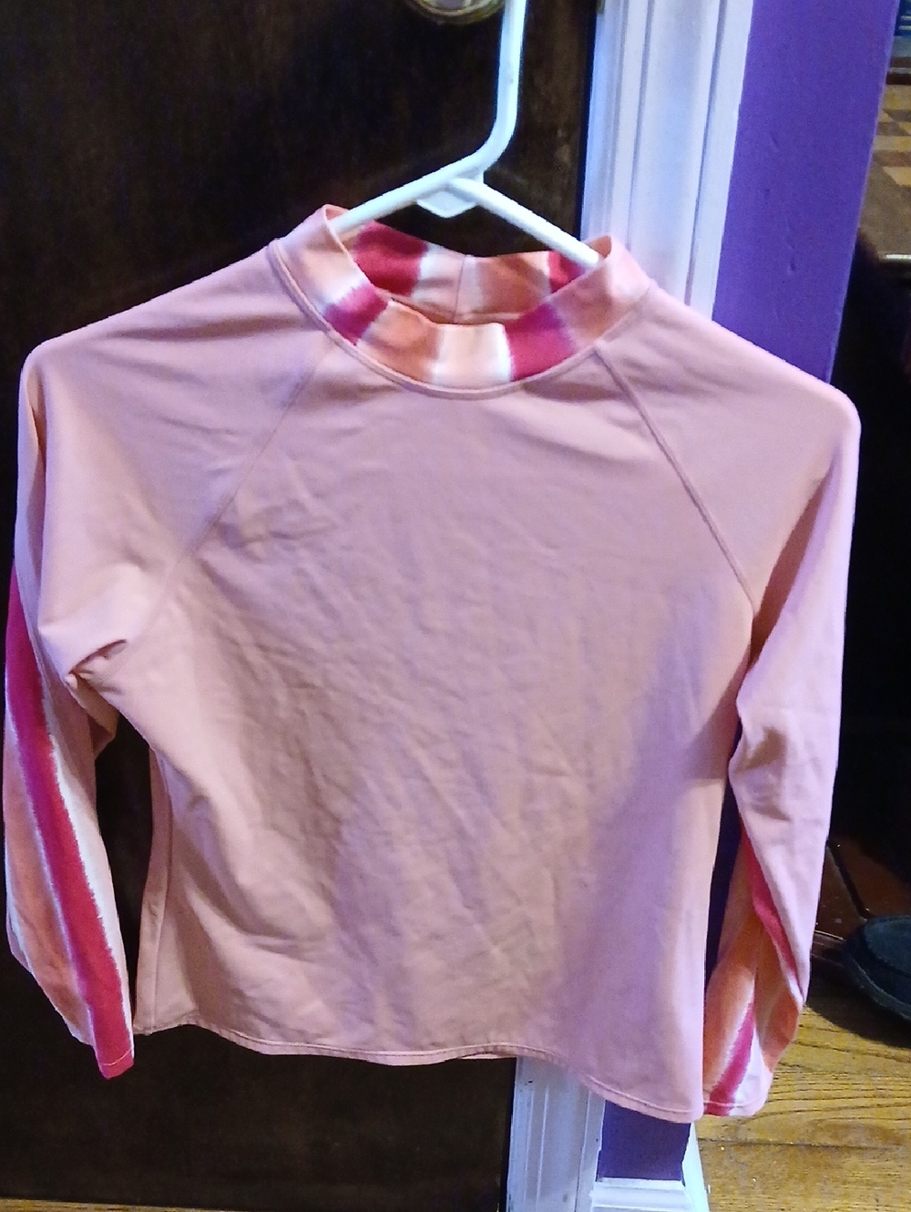 Lands' End Girls' Light Pink Long-Sleeve Rashguard with Striped Collar